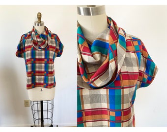 vintage 1980s Liz Claiborne silky plaid patterned blouse with cowl neck / small to medium short sleeved top / colorful women's shirt /