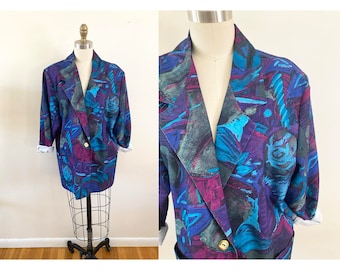 vintage 1980s colorful blazer / medium women's abstract patterned jacket / oversized blue purple coat gold button / oversized