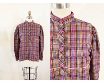 1970s vintage pussy bow blouse / Small to Medium red and black shirt / ladies plaid blouse / ruffled blouse / seventies secretary blouse