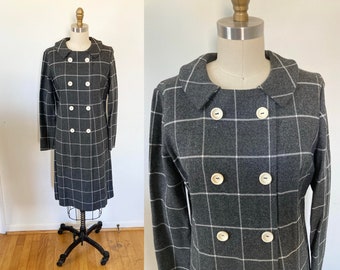 vintage 1960s shift dress / gray plaid dress / medium dress / wool dress / peter pan collar / long sleeves / knee length / vintage sixties
