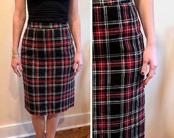 vintage 1970s plaid knee length skirt / small to medium vintage pencil skirt / tartan plaid high waisted skirt in red, black, yellow, white