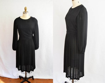 Vintage 1970s black long sleeved silky wrap dress / Medium vintage dress / Little black dress / pleated bell sleeve dress