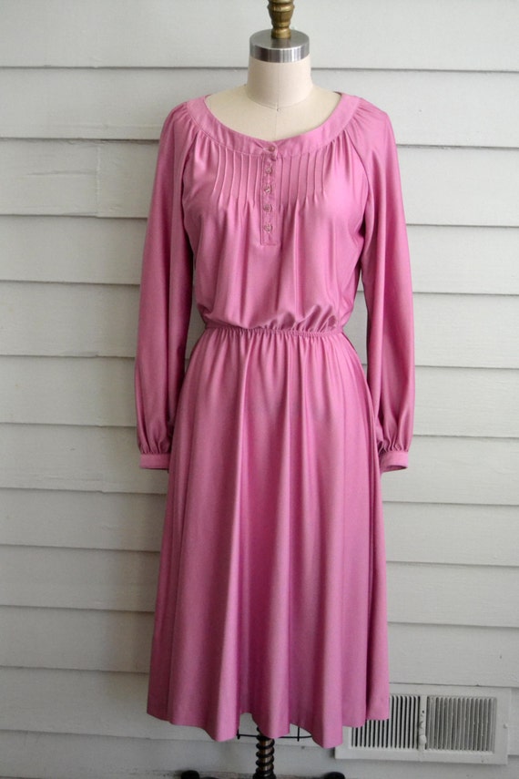 1970s long sleeve pink fit and flare dress / Medi… - image 2