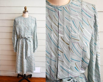 ON SALE!! Vintage 1980s secretary dress / vintage dress with abstract pattern / Medium Large vintage dress / blue green white