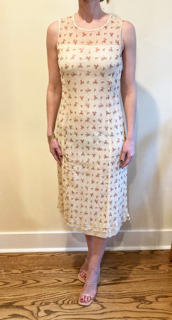 1990s floral DKNY mesh dress / Extra Small to Small vintage tank dress with flowers / cream maxi dress with roses