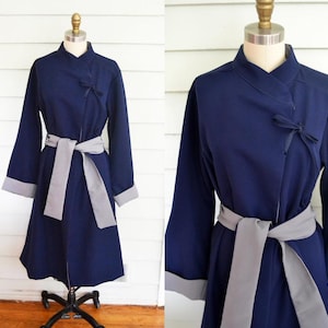 1980s two tone Anthony Richards trench coat / Large Extra Large vintage blue and gray overcoat / color block coat