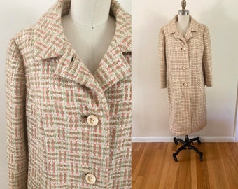 vintage 1960s plaid overcoat / medium to large women's overcoat / long wool coat with pink, green, and cream plaid / Fishelle New York