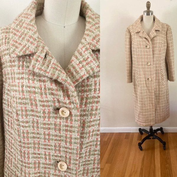 vintage 1960s plaid overcoat / medium to large women's overcoat / long wool coat with pink, green, and cream plaid / Fishelle New York