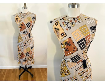 vintage 1950s Jean Lang midi dress / medium to large tank dress / geometric pattern novelty pattern dress  / gray brown orange black tassel