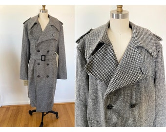 vintage 1960s wool checkered men's coat / 46 L / large belted double breasted black and white overcoat / fully lined