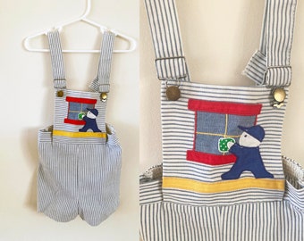 vintage 1950s 1960s unisex jumper / blue and white striped overalls with novel detail / window washer / vintage baby / 18 - 24 months