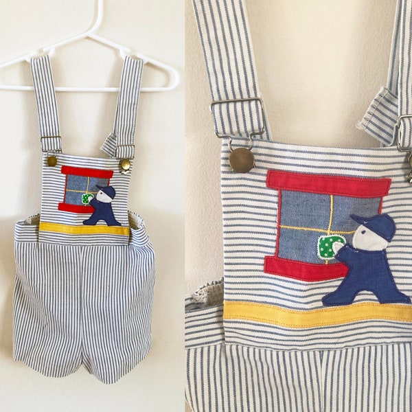 vintage 1950s 1960s unisex jumper / blue and white striped overalls with novel detail / window washer / vintage baby / 18 - 24 months