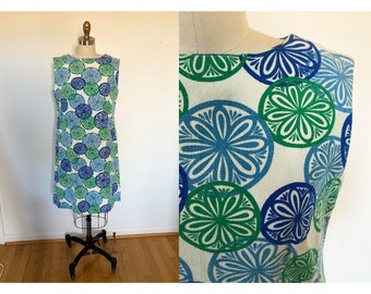 vintage 1960s shift dress / blue green and white sleeveless dress / small to medium dress mod tank dress / knee length shift / sixties