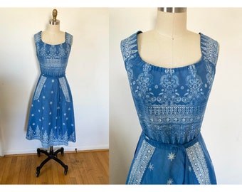 vintage 1970s batik print wrap dress / medium blue dress with white batik pattern / tank sun dress / guru's from malaysia