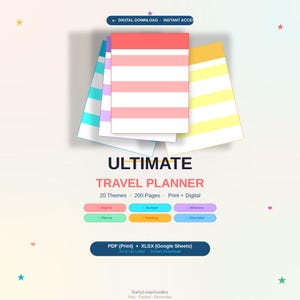 Può includere: Un set di pianificatori di viaggio digitali con diverse pagine a strisce orizzontali color corallo, giallo, viola e verde acqua. Il testo recita ULTIMATE TRAVEL PLANNER, 20 Themes, 200 Pages, Print + Digital, PDF (Print) + XLSX (Google Sheets), A4 & US Letter.