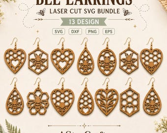 Pacote de Brincos de Abelha em SVG | Arquivos SVG para Brincos Cortados a Laser | SVG para Brincos em Formato de Favo de Mel | Design de Brincos para Glowforge | Brincos de Madeira para CNC | DXF PNG EPS