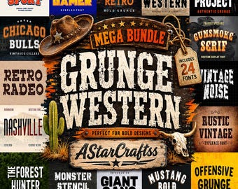 Pacote de fontes grunge western em SVG | Fontes vintage retrô com efeito desgastado | Pacote de fontes rústicas de cowboy | Design para Cricut e Silhouette