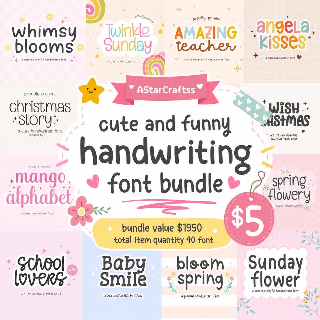 Cute & Funny Handwriting Font Bundle | 40 Playful Fonts for Cricut, Silhouette, Sublimatio