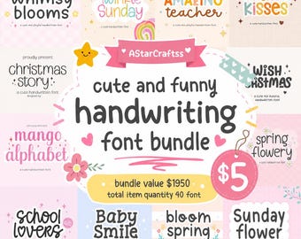 Pacote de fontes de caligrafia fofas e divertidas | 40 fontes lúdicas para Cricut, Silhouette, sublimação, SVG, PNG e designs para professores