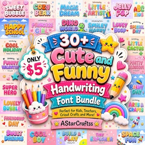 Può includere: Una grafica digitale che promuove un pacchetto di oltre 30 font di scrittura a mano carini e divertenti per 5 $. Il design presenta testo colorato in stile cartone animato, un portamatite con matite, una stella gialla e un arcobaleno.