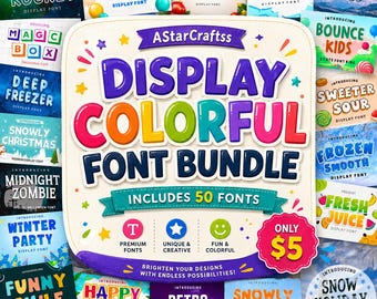 Pacote de fontes coloridas para exibição, 50 fontes divertidas, pacote de fontes infantis, fonte retrô, fonte de Natal, pacote de fontes SVG e PNG para Cricut