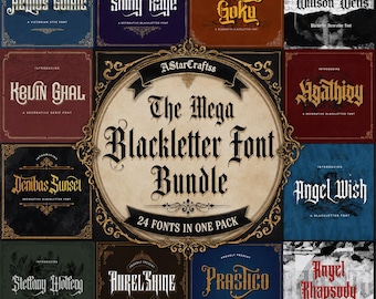 Pacote Mega de Fontes Blackletter em SVG | Pacote com 24 Fontes Góticas e Vintage | Coleção de Tipografias em Inglês Antigo | Pacote de Fontes Decorativas Medievais |