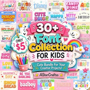 Może przedstawiać: Cyfrowa grafika przedstawiająca kolekcję kolorowych czcionek w stylu kreskówkowym dla dzieci. Centralny tekst brzmi 30+ Font Collection FOR KIDS z różowym banerem i małym kubkiem wypełnionym kolorowymi kredkami.