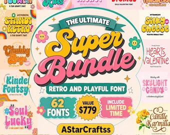 Pacote com 62 fontes retrô e divertidas em SVG | Coleção de fontes descoladas | Fontes fofas com efeito de bolha | Fontes para Cricut | Pacote de designs para sublimação