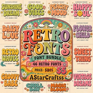 Groovy Retro Font Bundle SVG | 46 Bubble & Cute Display Fonts | Vintage 70s Typography Pack | Cricut Silhouette Font Set