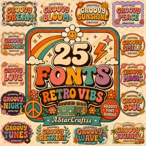 Paquete de 27 fuentes retro geniales en formato SVG, colección de fuentes de visualización vintage de los años 70, tipografía hippie, Cricut, sublimación y PNG.