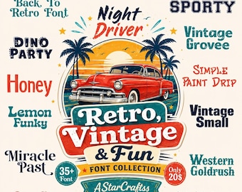 Pacote de fontes retrô vintage divertidas | Coleção com mais de 35 fontes estilosas para exibição (Download digital)