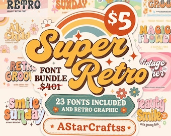 Pacote de fontes super retrô em SVG | 23 fontes e gráficos retrô incríveis | Pacote de fontes vintage dos anos 70 | Uso comercial com Cricut e Silhouette |