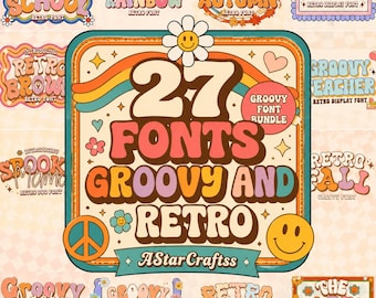 Pacote com 27 fontes retrô incríveis em SVG, coleção de fontes vintage dos anos 70, tipografia hippie, Cricut, sublimação e PNG.