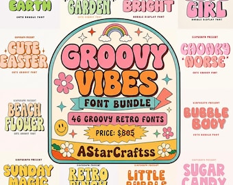 Pacote de fontes retrô Groovy em SVG | 46 fontes de exibição fofas e com efeito bolha | Pacote de tipografia vintage dos anos 70 | Conjunto de fontes para Cricut e Silhouette