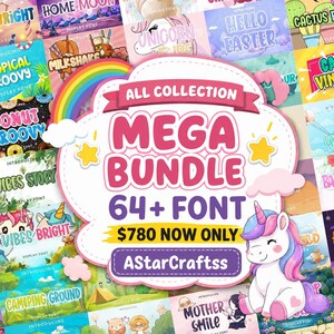 Mega Font Bundle SVG | 64+ Cute Display Fonts Bundle | Cricut Fonts Collection | Commercial Use Fonts | Kids Fonts | Sublimation Fonts