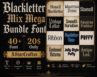 Pacote de fontes góticas Blackletter em SVG, Coleção de fontes góticas, Fontes vintage para tatuagem, Pacote de fontes em inglês antigo, Pacote de fontes retrô para logotipos, Uso comercial