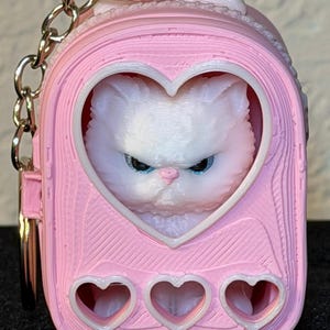 May include: A pink 3D-printed keyring featuring a small backpack design with a heart-shaped window. Inside the window is a white cat with blue eyes. The backpack has three additional heart-shaped cutouts at the bottom and a metal chain.