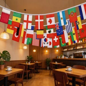 May include: A string of rectangular international flags hanging in a curved line across a room. The flags feature various colors and symbols, including stripes, crosses, stars, and maple leaves, representing multiple countries from around the world.