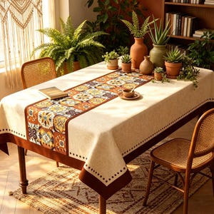 Boho-Mandala-Tischdecke, marokkanisches Fliesenmuster, Baumwoll-Leinen-Tischdecke