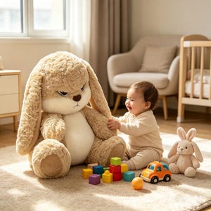 Pode incluir: Um coelho de pelúcia grande e bege com orelhas compridas e uma expressão rabugenta, sentado ao lado de um coelho de pelúcia menor, um conjunto de blocos de construção de madeira coloridos e um carro de brinquedo laranja sobre um tapete claro.