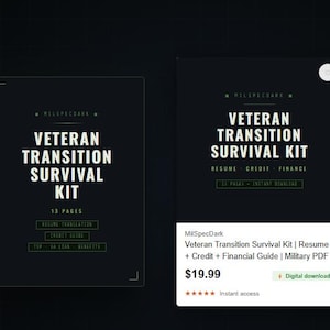 Puede incluir: Un documento digital titulado Veteran Transition Survival Kit de 13 páginas. El texto incluye Resume, Credit, Finance, Resume Translation, Credit Guide, TSP y VA Loan Benefits. El diseño presenta texto blanco sobre fondo oscuro.