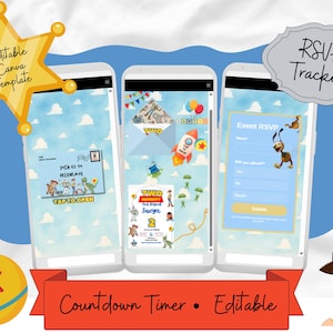 Può includere: Tre schermi di smartphone che mostrano un modello di invito digitale con uno sfondo di cielo azzurro nuvoloso. Gli schermi presentano personaggi dei cartoni animati, un razzo, palloncini e testo tra cui "Join us to celebrate" e "Event RSVP."