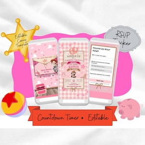 May include: Three smartphone screens displaying a pink-themed digital birthday invitation template with cowgirl graphics, text including 'Saddle Up', 'Rootin Tootin', and 'Kaitlyn is Turning', plus an RSVP tracker and countdown timer, all editable in Canva.