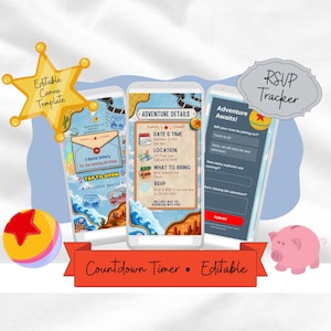 May include: Three smartphone screens displaying an editable digital invitation template with adventure-themed graphics, including an envelope, map, and RSVP form. The design features text like Adventure Details, RSVP Tracker, and Countdown Timer. A yellow star, a ball, and a pink pig icon are present.