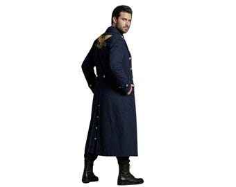 Marineblauwe militaire trenchcoat heren | Geborduurde officiersoverjas, gotische formele stijl
