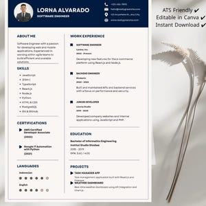 Software Engineer Resume Template | Editable Tech CV | Canva Resume Template | ATS Friendly Software Developer Resume | Professional CV