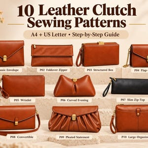 10 Leather Clutch Patterns PDF Bundle, Leather Bag Sewing Pattern, Evening Purse, Wristlet Clutch, Crossbody Bag, A4 US Letter