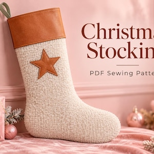 May include: A cream-colored textured Christmas stocking with a brown cuff and a matching brown star appliqué. The text reads Christmas Stocking PDF Sewing Pattern. The stocking features a small loop at the top for hanging purposes.