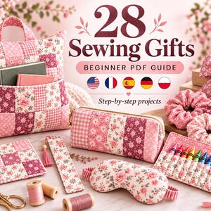 May include: A collection of pink floral and gingham quilted sewing projects including a pocketed pillow, pencil case, bookmark, sleep mask, and crayon roll. The text reads 28 Sewing Gifts BEGINNER PDF GUIDE Step-by-step projects with flag icons.
