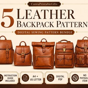 Leather Backpack Pattern Bundle PDF, 5 Backpack Sewing Patterns, Mini Roll Top Laptop Rucksack, A4 US Letter Digital Download